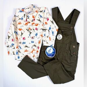 NWT NANNETTE KIDS Baby Boys’ Dinosaur‎ Matching Set Button Down & Overalls 18M